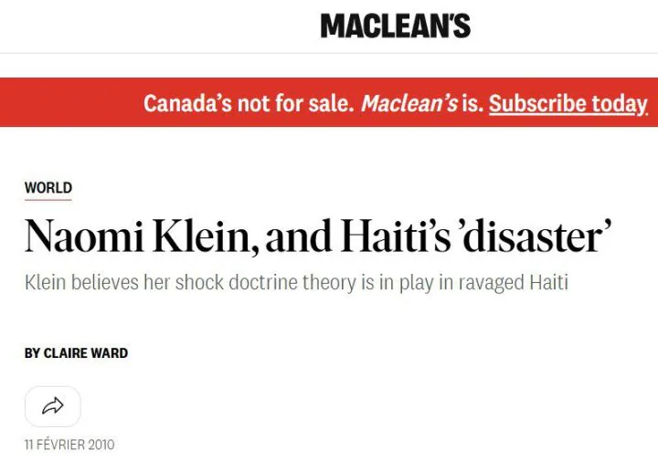 Macleans - Naomi Klein, et le désastre en Haiti - anglais