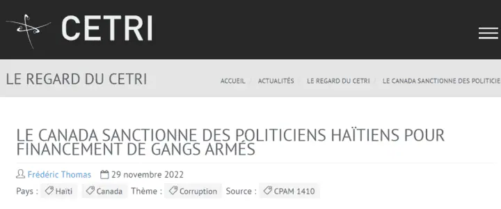 CETRI - Le Canada sanctionne des politiciens haïtiens pour financement de gangs armés